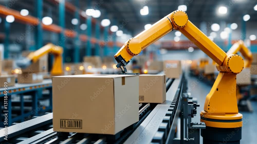 Automated robotic arm streamlining packaging processes in a modern Industry 4.0 factory. Automated robotic arm streamlining packaging processes in a modern Industry 4.0 factory.