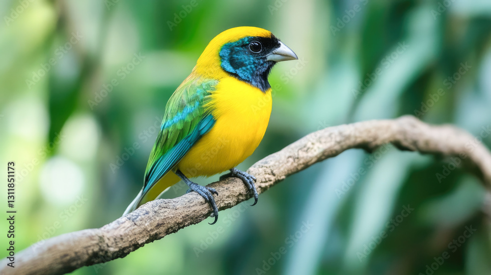 Colorful tropical bird perched on branch in lush greenery Colorful tropical bird perched on branch in lush greenery