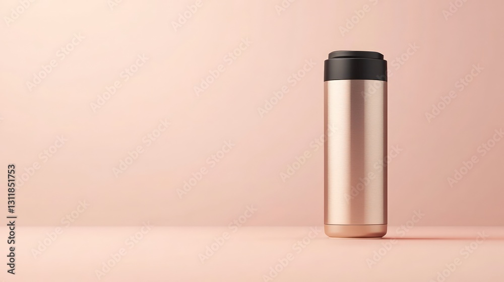 Metallic insulated travel mug on pink background with copy space. Isolated stainless steel reusable water bottle. Minimalist product presentation Metallic insulated travel mug on pink background with copy space. Isolated stainless steel reusable water bottle. Minimalist product presentation