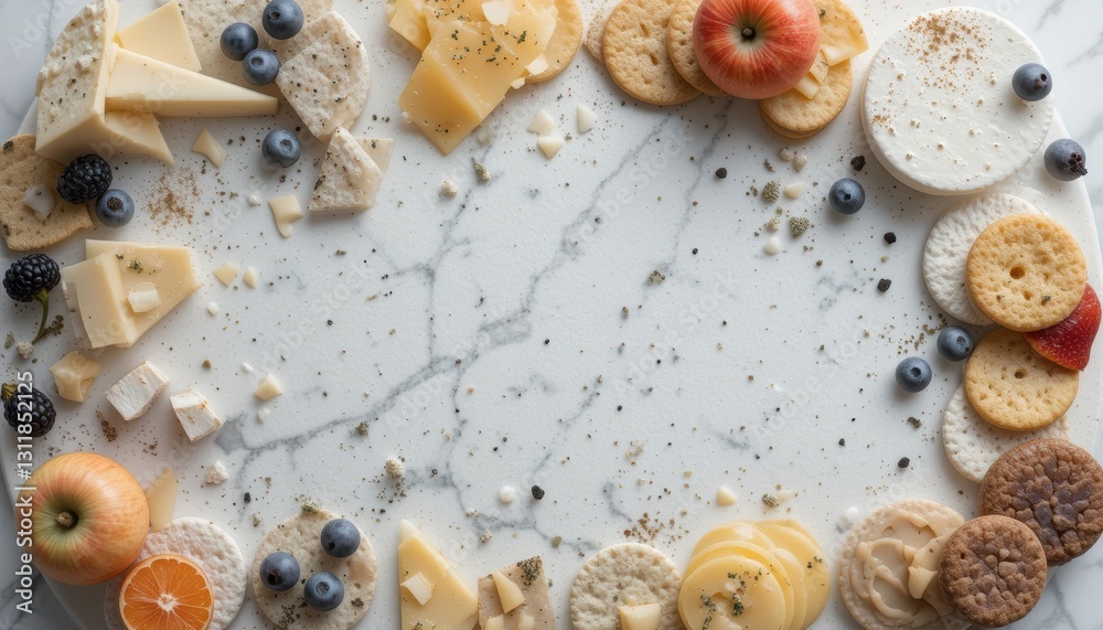 Elegant Cheese Platter with Fresh Fruits and Crackers on Marble Background for Culinary Presentation Elegant Cheese Platter with Fresh Fruits and Crackers on Marble Background for Culinary Presentation