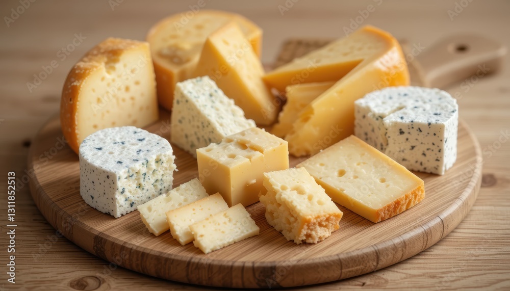 Assorted Cheeses Displayed on Rustic Wooden Board in Warm Natural Lighting with Detailed Textures and Colors Assorted Cheeses Displayed on Rustic Wooden Board in Warm Natural Lighting with Detailed Textures and Colors