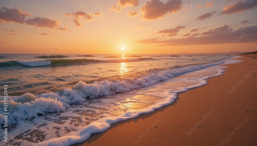 Obraz premium Serene Sunset Over Tranquil Ocean Waves on Sandy Beach with Gentle Foamy Surf and Colorful Sky