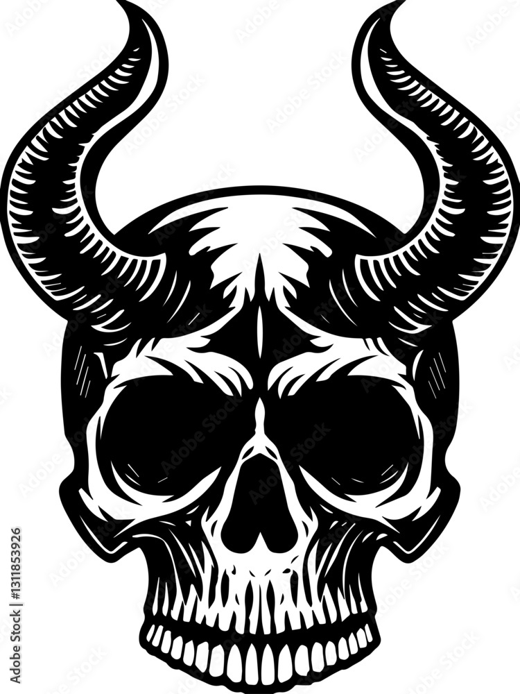 Fototapeta premium SVG vector features classic demons and eldritch entities. Demon Skull Illustration with Horns and Strong Contrast