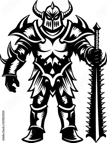 SVG vector features classic demons and eldritch entities. Bold Black and White Armored Warrior with Sword Design
