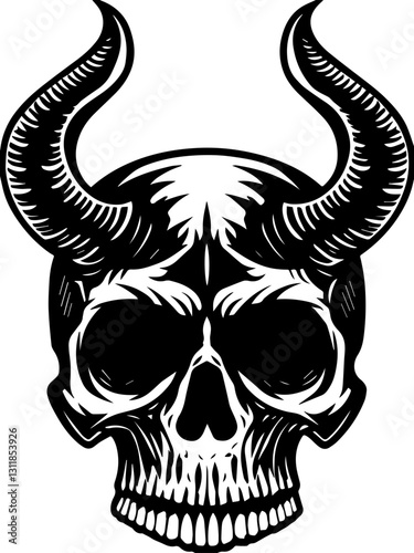 SVG vector features classic demons and eldritch entities. Demon Skull Illustration with Horns and Strong Contrast