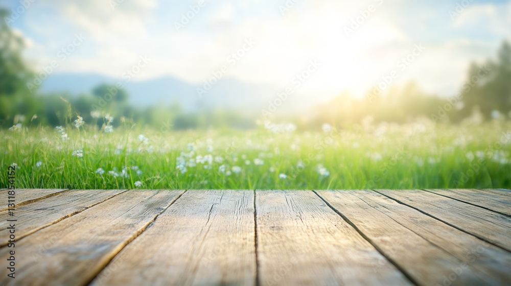 Sunny meadow view from wooden deck Sunny meadow view from wooden deck