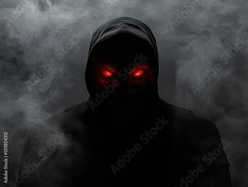 Hooded figure with menacing red eyes amidst smoky atmosphere evoking dread