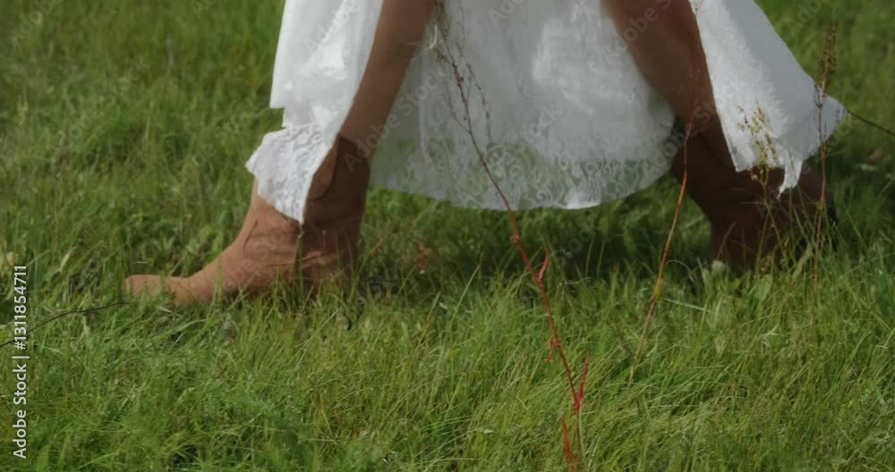 close-up of the legs of a millennial woman in cowboy boots walking on green grass on a clear summer day. A white dress. The easy way for a single woman. Wedding shot. High quality 4k footage