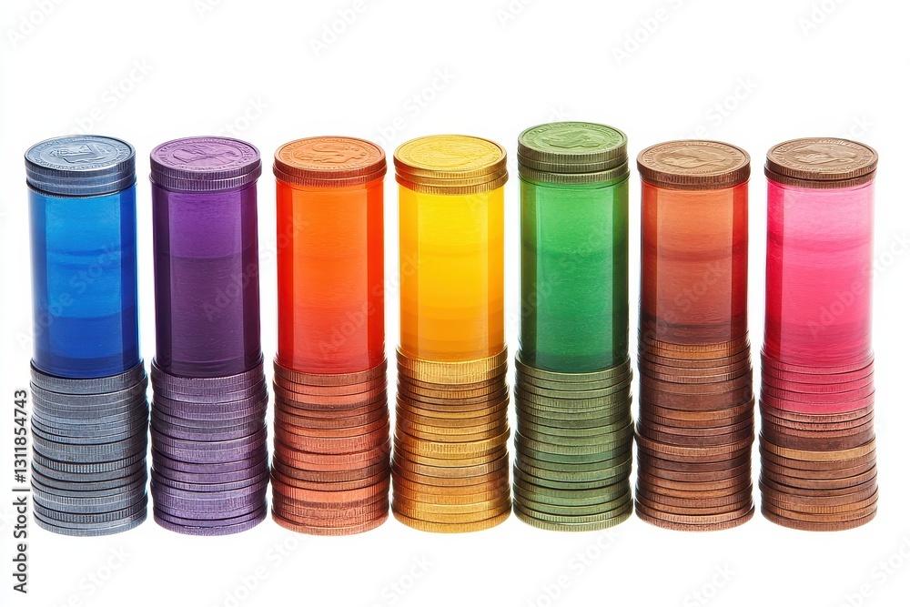 Colorful Stacks of Coins in Transparent Tubes on White Background Colorful Stacks of Coins in Transparent Tubes on White Background