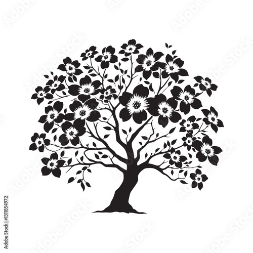 Flowering Dogwood Silhouette - Minimalist Flowering Dogwood Tree Design - Flowering Dogwood Tree Vector - Tree Illustration.