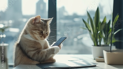 cat perched on a desk with a smartphone between its paws, swiping at the screen