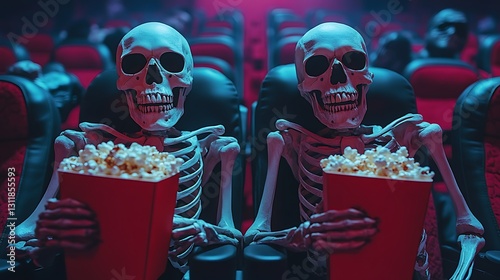 Skeletons eating popcorn in cinema