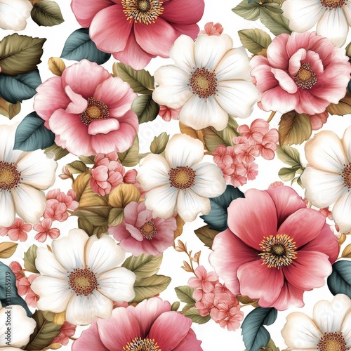 Wallpaper Mural Seamless Charming flower pattern displaying a range of multi-colored blossoms against a subtle textured background Torontodigital.ca