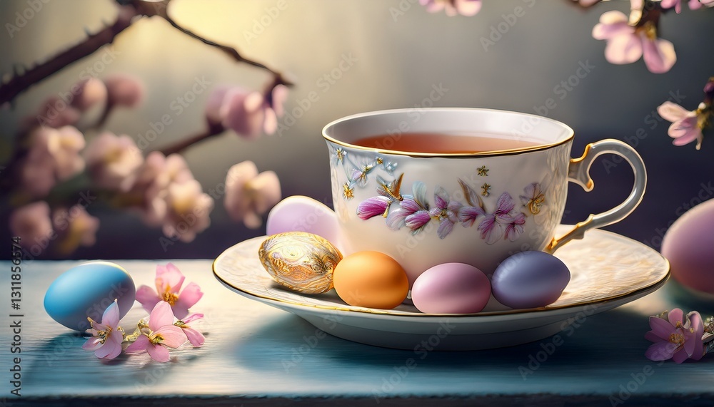 A delicate porcelain teacup with tea and Easter eggs, capturing a serene spring morning in an elegant setting.
A delicate porcelain teacup with tea and Easter eggs, capturing a serene spring morning in an elegant setting.