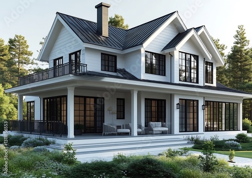 Modern Farmhouse Architectural Design: Luxurious White Home with Black Windows photo