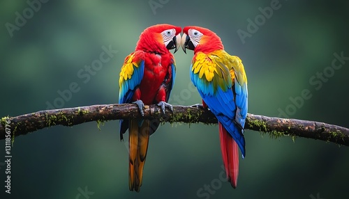 Scarlet Macaws Kissing on Branch in Rainforest