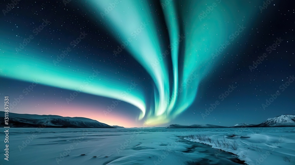 Naklejka premium Aurora borealis northern lights idea. Stunning aurora borealis illuminates a serene winter landscape at night.