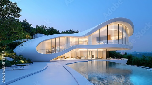 Wallpaper Mural A modern, curved house design by a tranquil pool, surrounded by lush greenery, illuminated under a soft evening sky. Torontodigital.ca