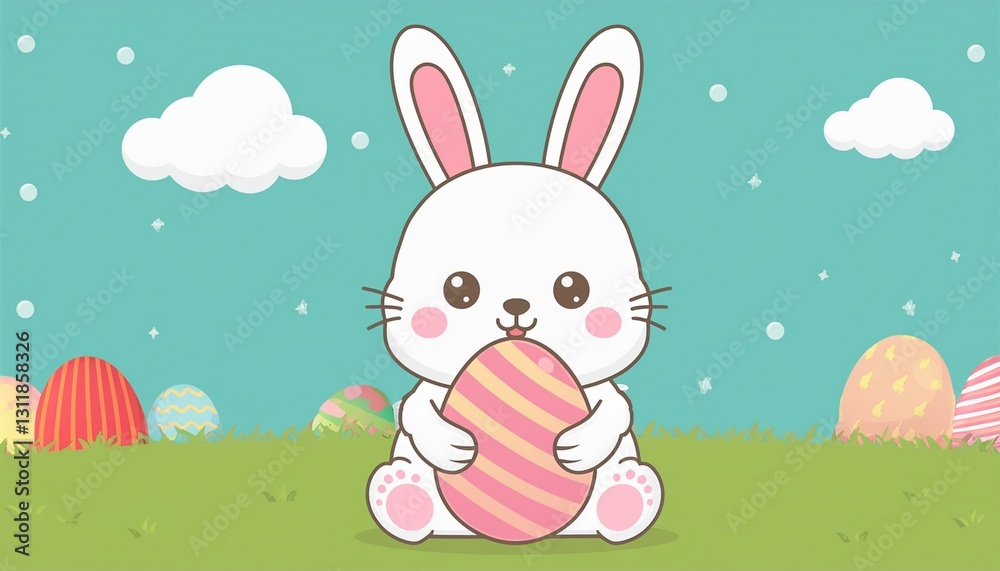 Fototapeta premium Cute Easter Bunny illustration in pastel colors, holding an Easter egg. A charming and soft design perfect for spring and holiday celebrations, with a playful and cheerful vibe. 