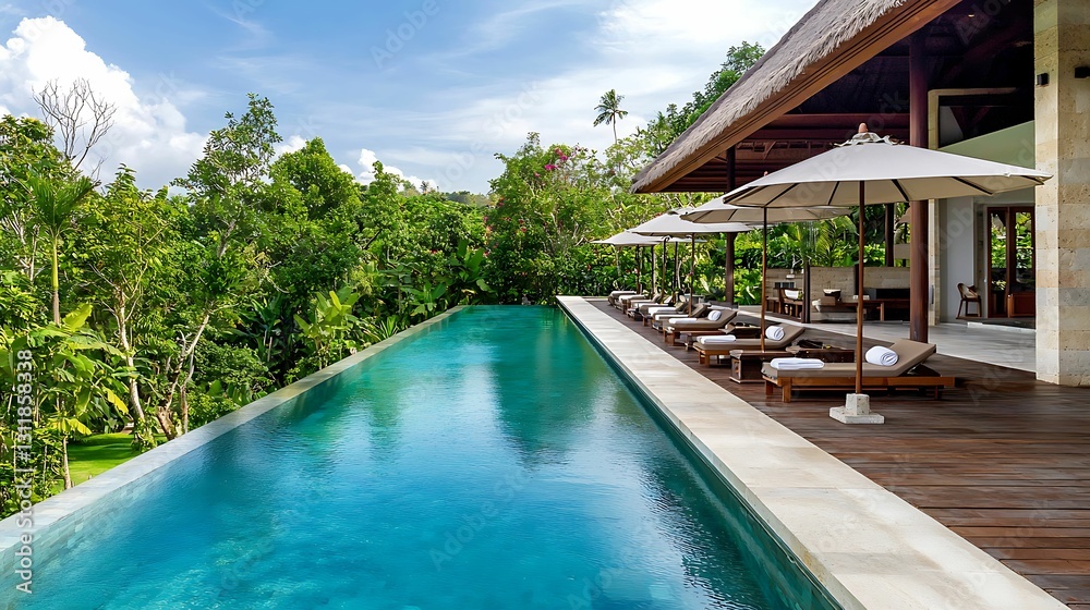 A luxurious villa with a stunning infinity pool, surrounded by lush greenery and blue skies, perfect for relaxation and leisure. A luxurious villa with a stunning infinity pool, surrounded by lush greenery and blue skies, perfect for relaxation and leisure.