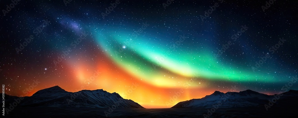 Fototapeta premium Aurora borealis northern lights concept. Stunning northern lights illuminate a serene mountain landscape at night.