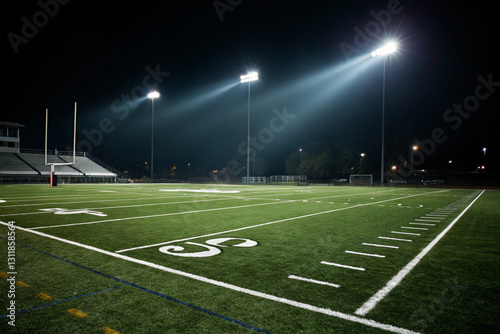 Evening on the Gridiron: An empty football field is brightly illuminated by stadium lights, creating a contrast between the dark surroundings.