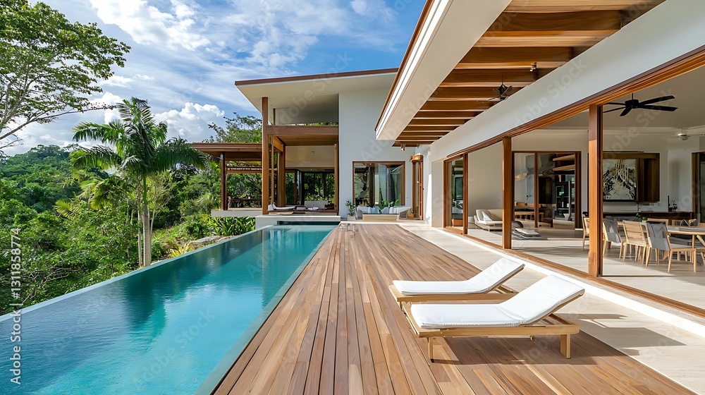 Fototapeta premium A modern villa with large windows and a pool, surrounded by lush greenery, offers a serene outdoor space with stylish lounge chairs.