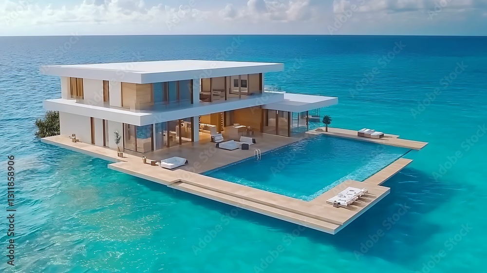 Fototapeta premium A luxurious modern villa floating over turquoise waters, featuring a spacious deck and a swimming pool, perfect for relaxation and leisure.