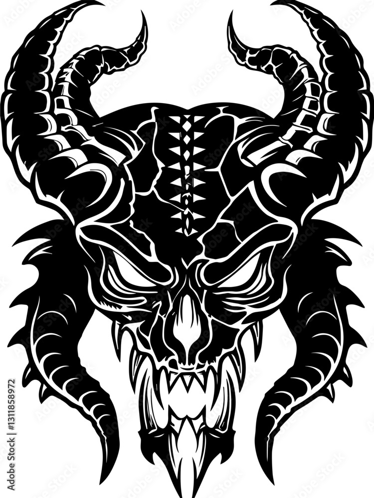 SVG vector features fire and shadow demons with eldritch designs. Demon Skull with Horns and Sharp Teeth Illustration SVG vector features fire and shadow demons with eldritch designs. Demon Skull with Horns and Sharp Teeth Illustration