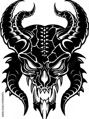 SVG vector features fire and shadow demons with eldritch designs. Demon Skull with Horns and Sharp Teeth Illustration