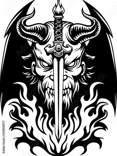 SVG vector features fire and shadow demons with eldritch designs. Dark Fantasy Demon with Sword and Flame Illustrations