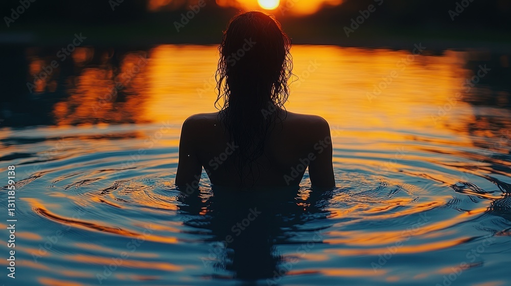 Woman Swimming in Lake During Sunset with Warm Golden Light Woman Swimming in Lake During Sunset with Warm Golden Light