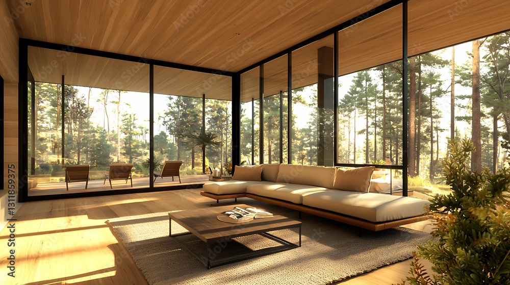 Fototapeta premium A modern, spacious living area featuring large glass windows, a cozy sofa, and views of a serene forest setting.