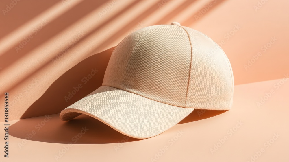 Tan baseball cap on a peach background with striped shadows Tan baseball cap on a peach background with striped shadows