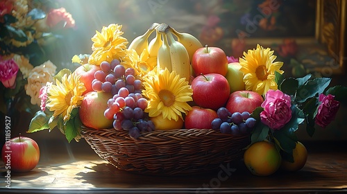 A beautifully arranged fruit basket with apples grapes and bananas sitting on a sunlit table
