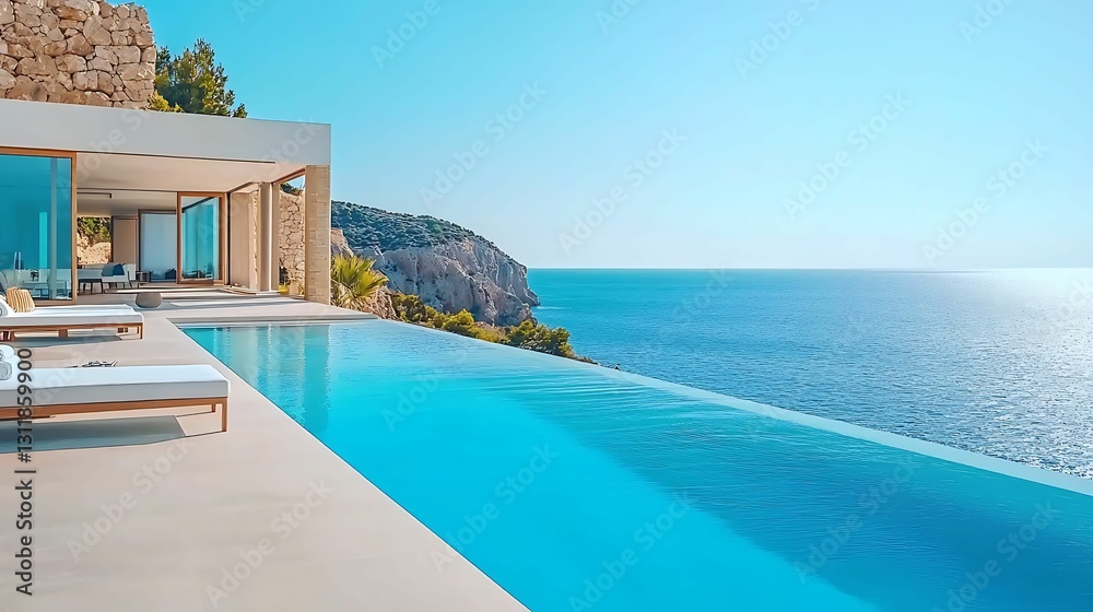 Fototapeta premium A stunning infinity pool overlooks the ocean, featuring modern architecture and a serene landscape, perfect for relaxation and luxury living.