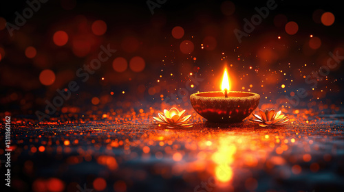 Glowing diya with lotus on water: symbol of indian lantern festival and spirituality. Diwali, Deepavali, Festival of Lights, Dipawali - Hindu Celebration, Indian Cultural Festival photo