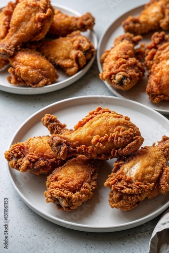 Perfectly fried Southern chicken pieces resting on a clean white plate. The crisp texture and rich golden color stand out.