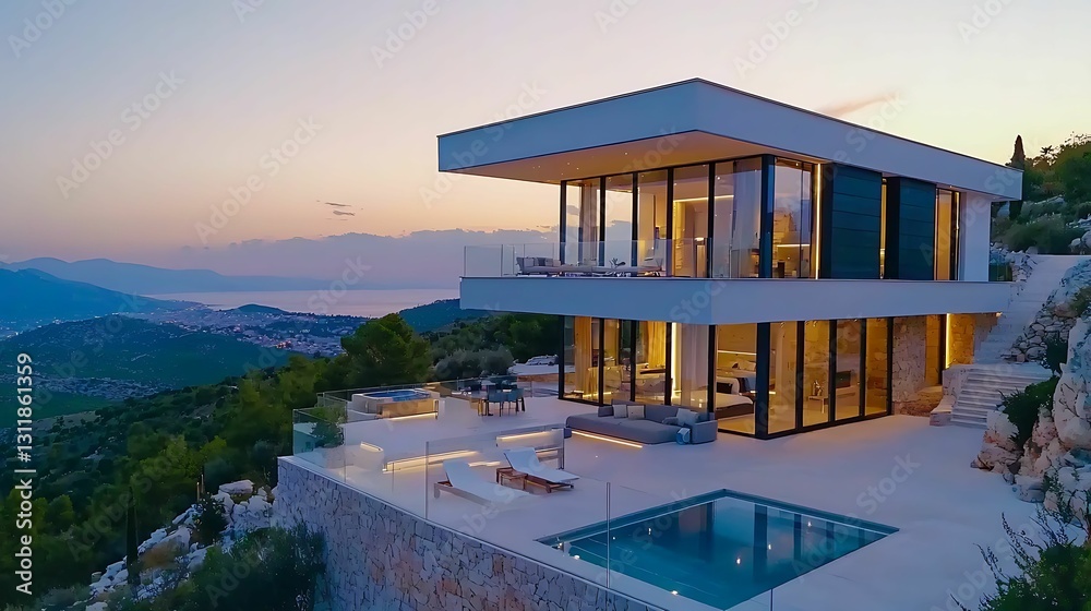 Fototapeta premium A modern villa perched on a hillside, featuring large glass windows and a swimming pool, surrounded by scenic views at sunset.