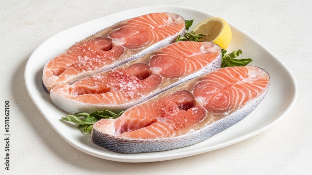 Fresh Salmon Steaks Prepared on Plate with Lemon and Herbs Fresh Salmon Steaks Prepared on Plate with Lemon and Herbs