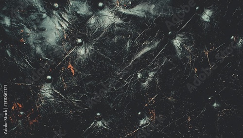 A detailed view of a black leather surface featuring a diamond stitch design and adorned with small golden studs, creating an elegant, dark, luxurious, and sexy backdrop