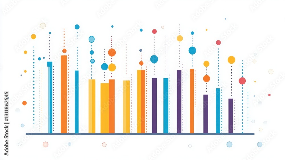 Abstract bar graph illustration with dotted lines and colorful circles Abstract bar graph illustration with dotted lines and colorful circles