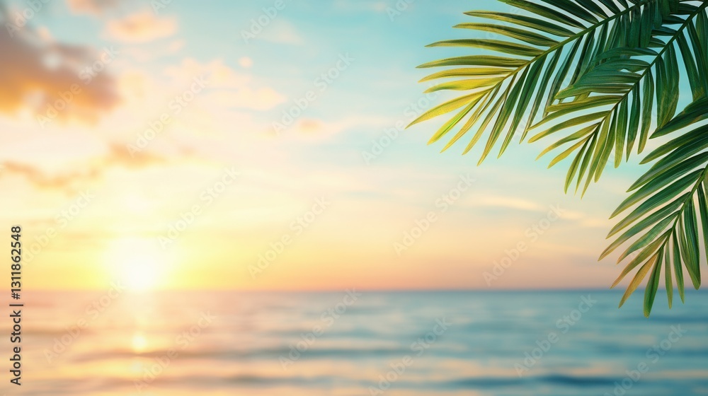 Fototapeta premium Beach at golden hour with palm trees. A serene beach sunset with palm leaves framing the scene, showcasing vibrant colors of the sky and calm ocean waters.