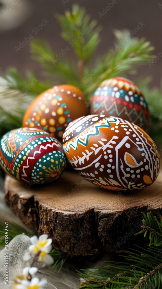 Colorful hand-painted easter eggs on rustic wooden base with pine branches. Easter, Pascha, Paskha, Ostern, Pascua, Paques - Orthodox and Catholic Holiday celebration Colorful hand-painted easter eggs on rustic wooden base with pine branches. Easter, Pascha, Paskha, Ostern, Pascua, Paques - Orthodox and Catholic Holiday celebration