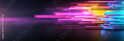 An energetic cyber-inspired composition featuring sharp geometric structures bathed in a spectrum