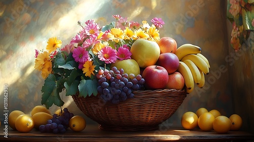 A delightful fruit basket with fresh apples grapes and bananas sitting on a wooden table under bright sunlight