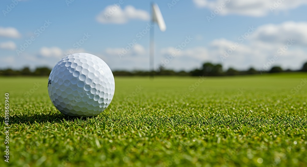 Obraz premium Golf ball resting on a pristine green fairway.