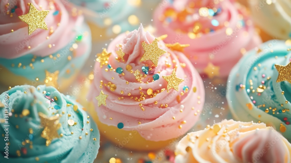 A collection of pastel-frosted cupcakes adorned with glittery gold stars and sprinkles. A festive, joyful display that highlights creative baking and party celebrations.. AI Generation A collection of pastel-frosted cupcakes adorned with glittery gold stars and sprinkles. A festive, joyful display that highlights creative baking and party celebrations.. AI Generation