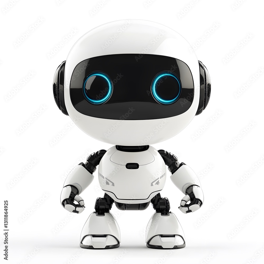 Cute white robot with glowing blue eyes stands in a studio against a plain background Cute white robot with glowing blue eyes stands in a studio against a plain background