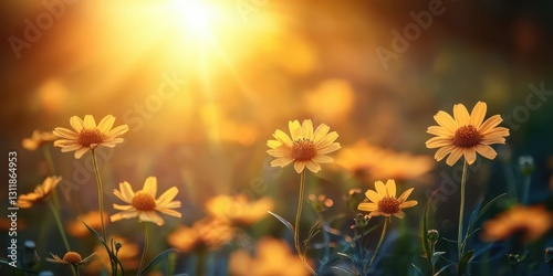 Golden flowers bloom in a meadow during a sunny evening at sunset showcasing nature's beauty and tranquility